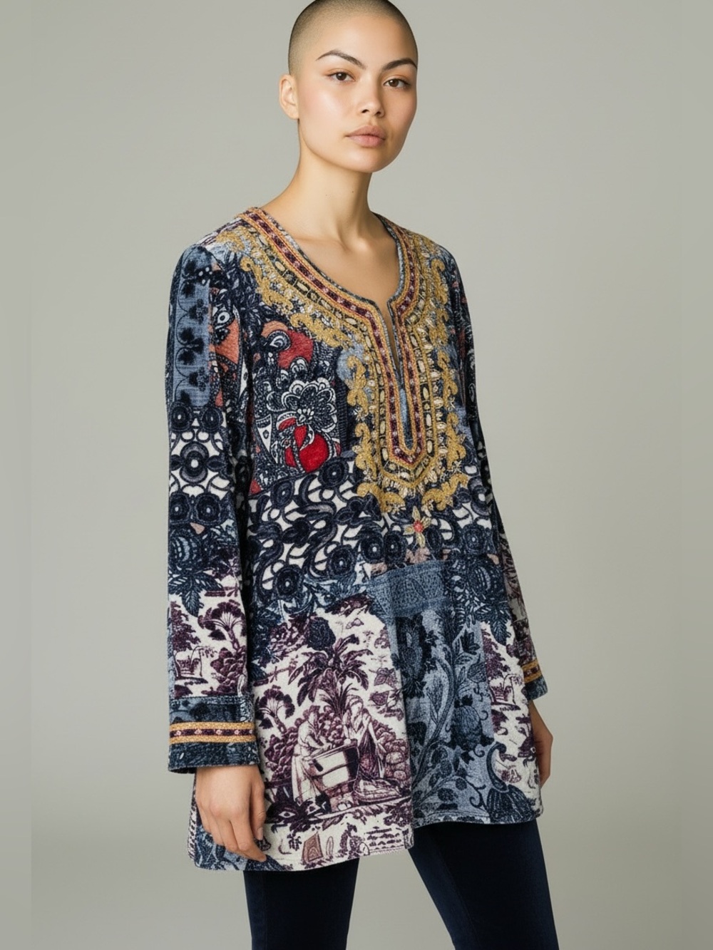 Soft Surroundings Velvet Beaded Embroidered Long Sleeve Tunic Size L